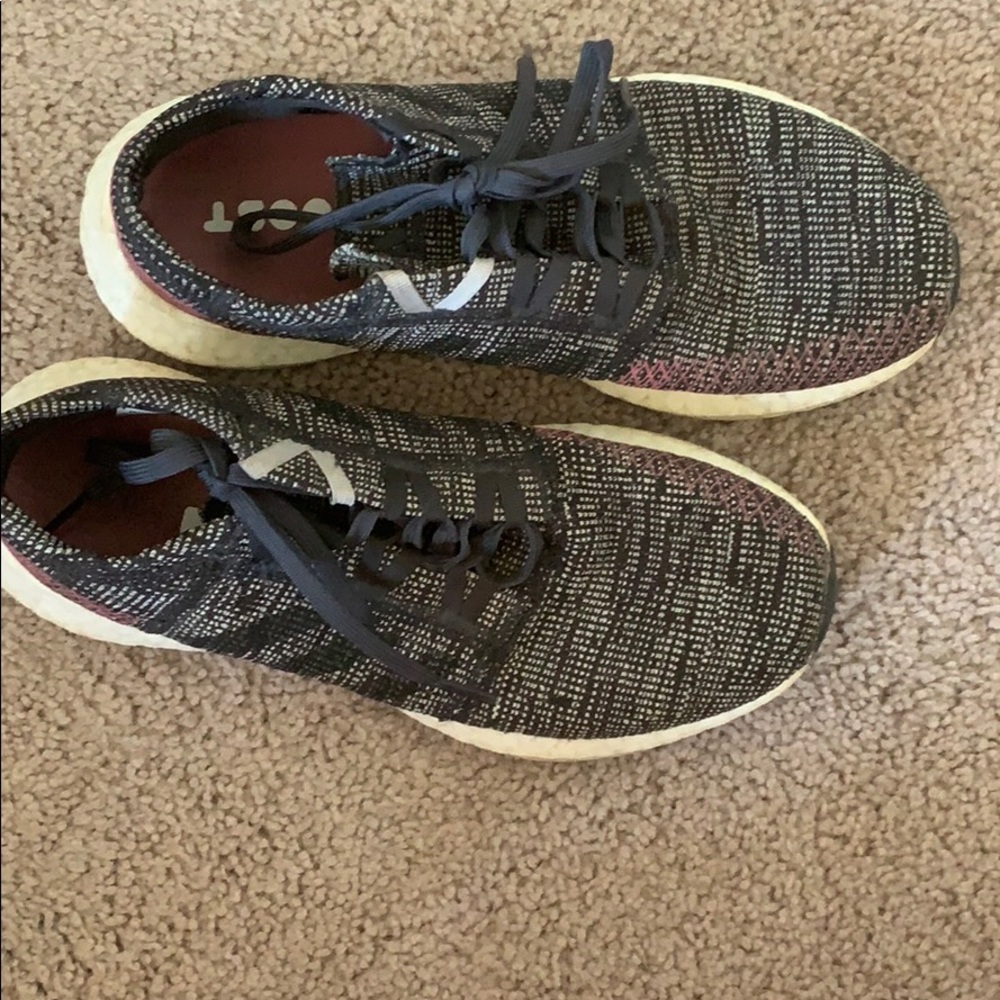 Adidas PureBoost Tennis Shoes in Black and Maroon